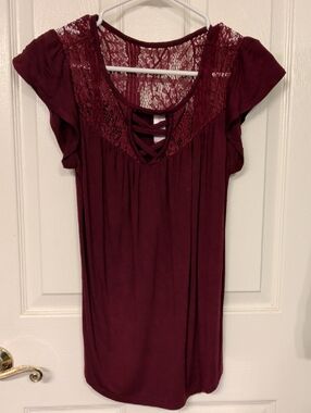 No Boundaries Burgundy Lace Yoke Crisscross Top